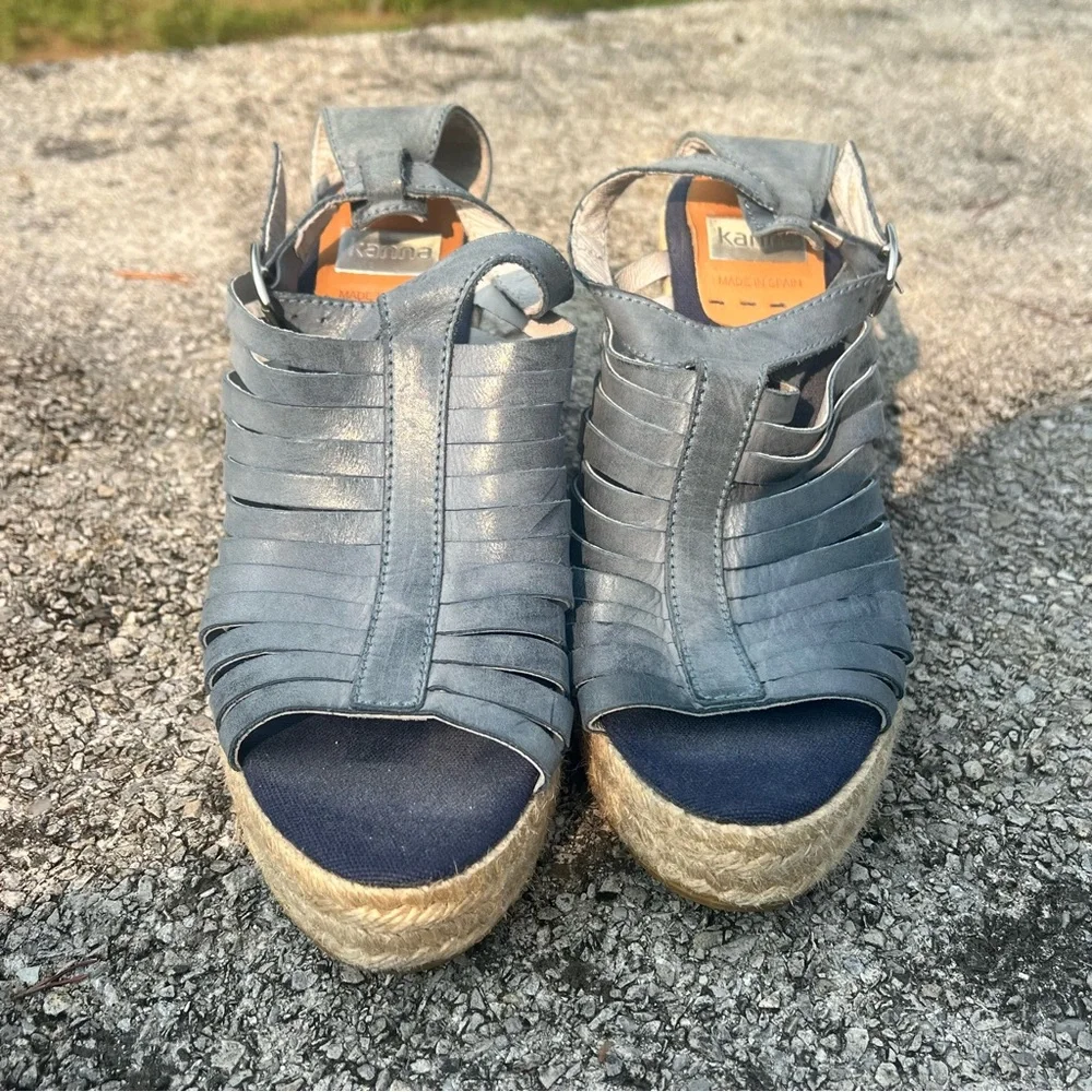 Kanna Blue Strappy Wedge Heeled Espadrilles Sandals Size 40 (9.5)
